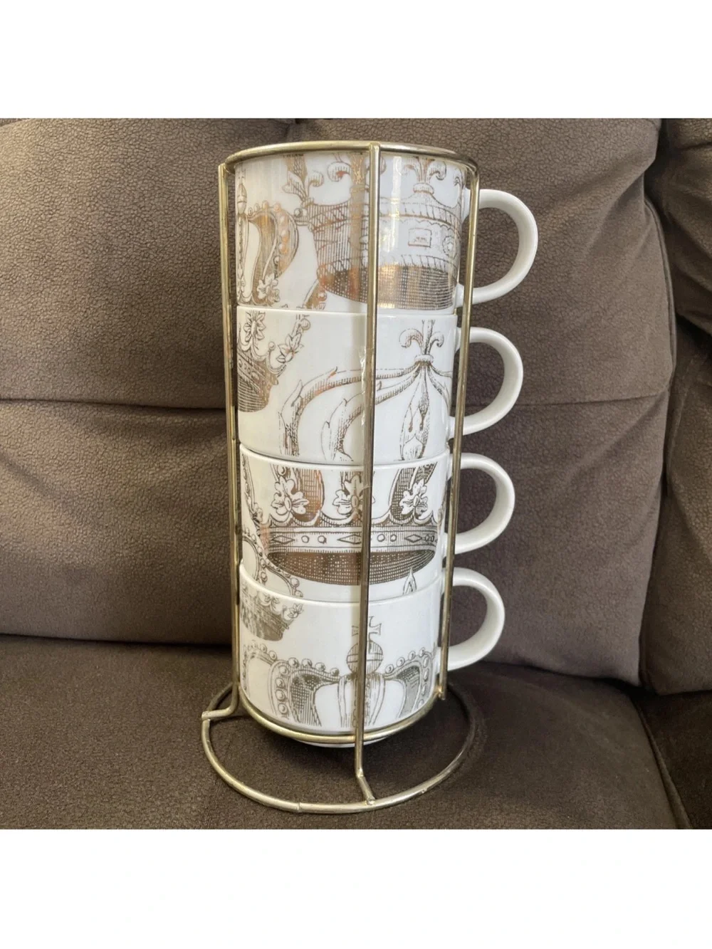 Pier 1 Stackable Coffee Mugs SET OF 4 Cups w/ Rack Silver Crown Elegant Regency